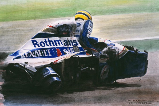 Picture of Ayrton Senna climbing out of shattered Williams-Renault, by Oleg Konin